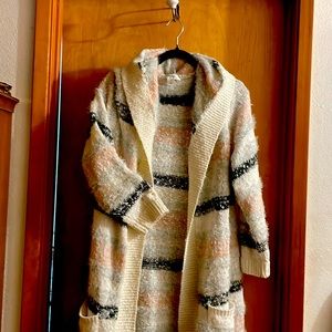 Hooded Cardigan.  Very soft, cozy, multi color!pale pink/cream/black stripes